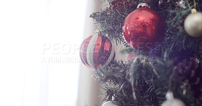 Buy stock photo Christmas, space and decoration on tree in home for festive tradition, holiday season and celebration. December, aesthetic and closeup of bauble, ornament and balls for xmas party, vacation and event