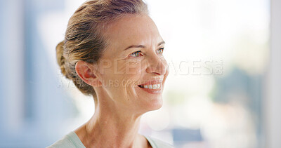 Buy stock photo Home, thinking and woman with smile, wonder and contemplation with reflection, ponder and ideas. Mature person, thoughtful and solution with memory, remember or nostalgia with weekend break and relax