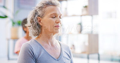 Buy stock photo Yoga class, senior woman and meditation for calm, mindfulness or fitness with breathing exercise. Yogi, spiritual wellness and person with friends in studio, zen or balance for health in retirement