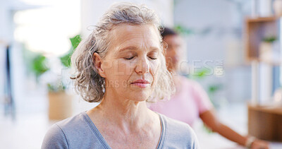 Buy stock photo Yoga class, mature woman and meditation for mindfulness, fitness or breathing exercise for peace. Yogi, spiritual wellness and person with friends in studio, zen or holistic health with balance