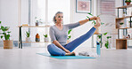Senior woman, yoga or stretching with mat in home for spiritual wellness, balance or health. Elderly, female person or yogi with zen body or leg warm up for pilates, flexibility or awareness in house