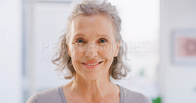 Buy stock photo Portrait, old woman and smile in home with pride for retirement rest, weekend break and relaxation. Space, happy and senior person in house with satisfaction for holiday, peace and positive attitude.