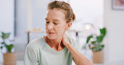 Buy stock photo Neck pain, injury and strain with woman in home for osteoporosis, stretching and inflammation. Fibromyalgia, bad posture and arthritis with mature person in living room of apartment for tension