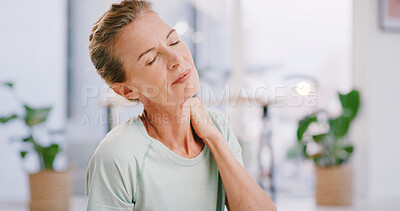 Buy stock photo Neck pain, injury and stretching with woman in home for osteoporosis, tired and inflammation. Fibromyalgia, bad posture and arthritis with mature person in living room of apartment for tension