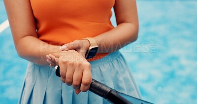 Buy stock photo Woman, hands and wrist pain with padel for sport injury, muscle tension or accident for game. Closeup, female person or sore arm with bat for discomfort, overworked or emergency on outdoor court