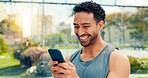 Athlete, man and reading with phone on tennis court with fitness app, training tips and track progress. Person, mobile and happiness for padel, technique and video demonstration for sports tournament
