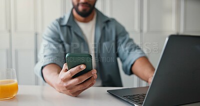 Buy stock photo Laptop, research and hands with smartphone, home and email marketing for ebook, writer and creative. Online, brand awareness and self publisher with tech for novel promotion, web and person in house