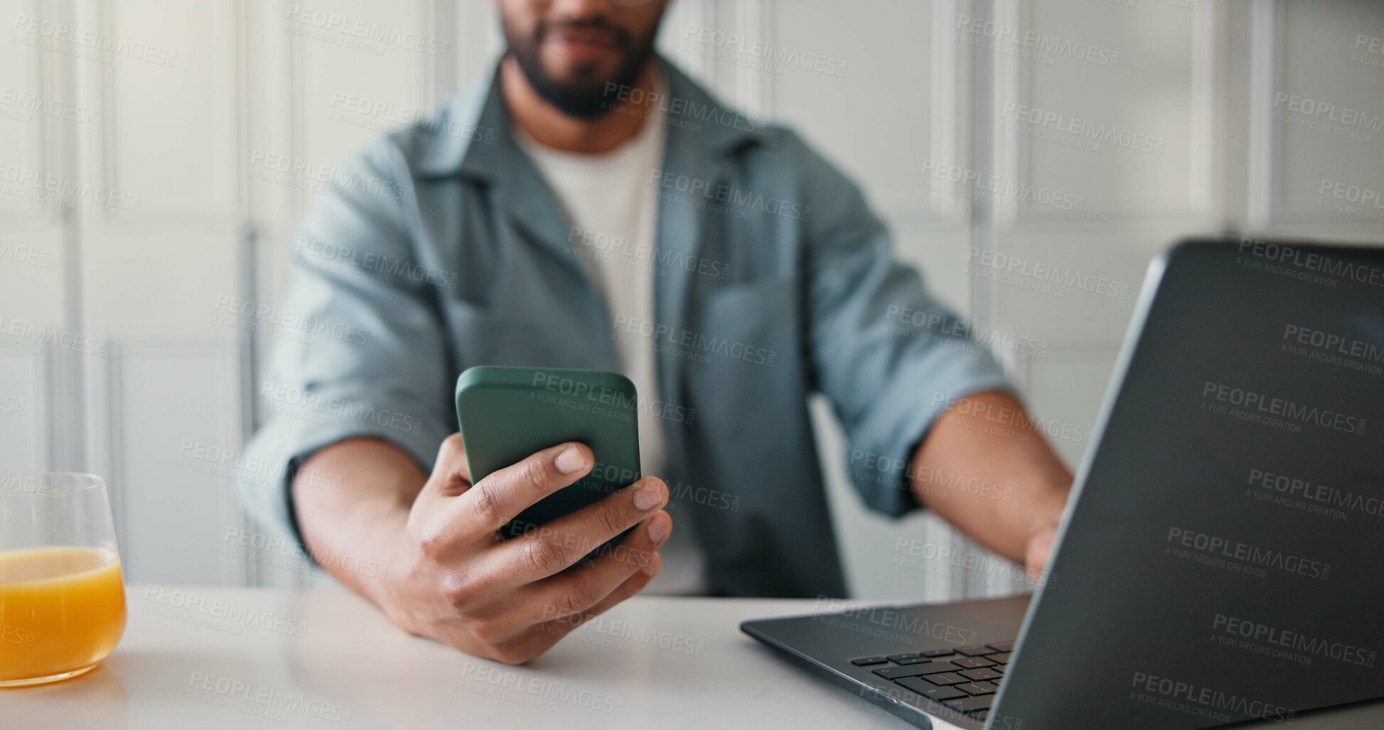 Buy stock photo Laptop, research and hands with smartphone, home and email marketing for ebook, writer and creative. Online, brand awareness and self publisher with tech for novel promotion, web and person in house