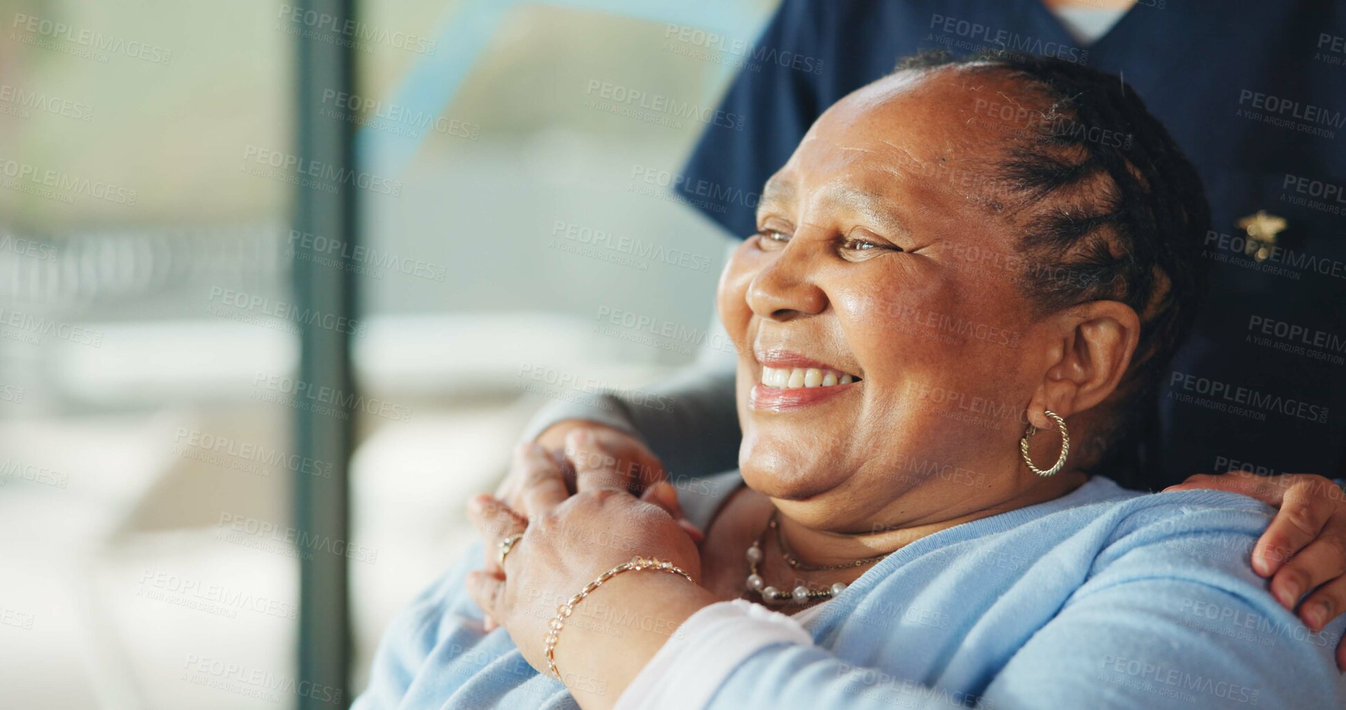Buy stock photo Senior, happy woman and holding hands with nurse for healthcare, retirement or assisted living. Elderly, caregiver or female person with smile for nursing, help or health support in old age home