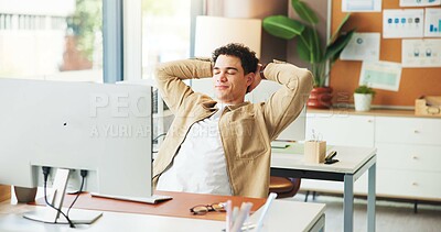 Buy stock photo Business, stretching and man in workplace, computer and relax with break, finished task and copywriting. Person, calm and journalist in office, pc and research with completed project or satisfaction