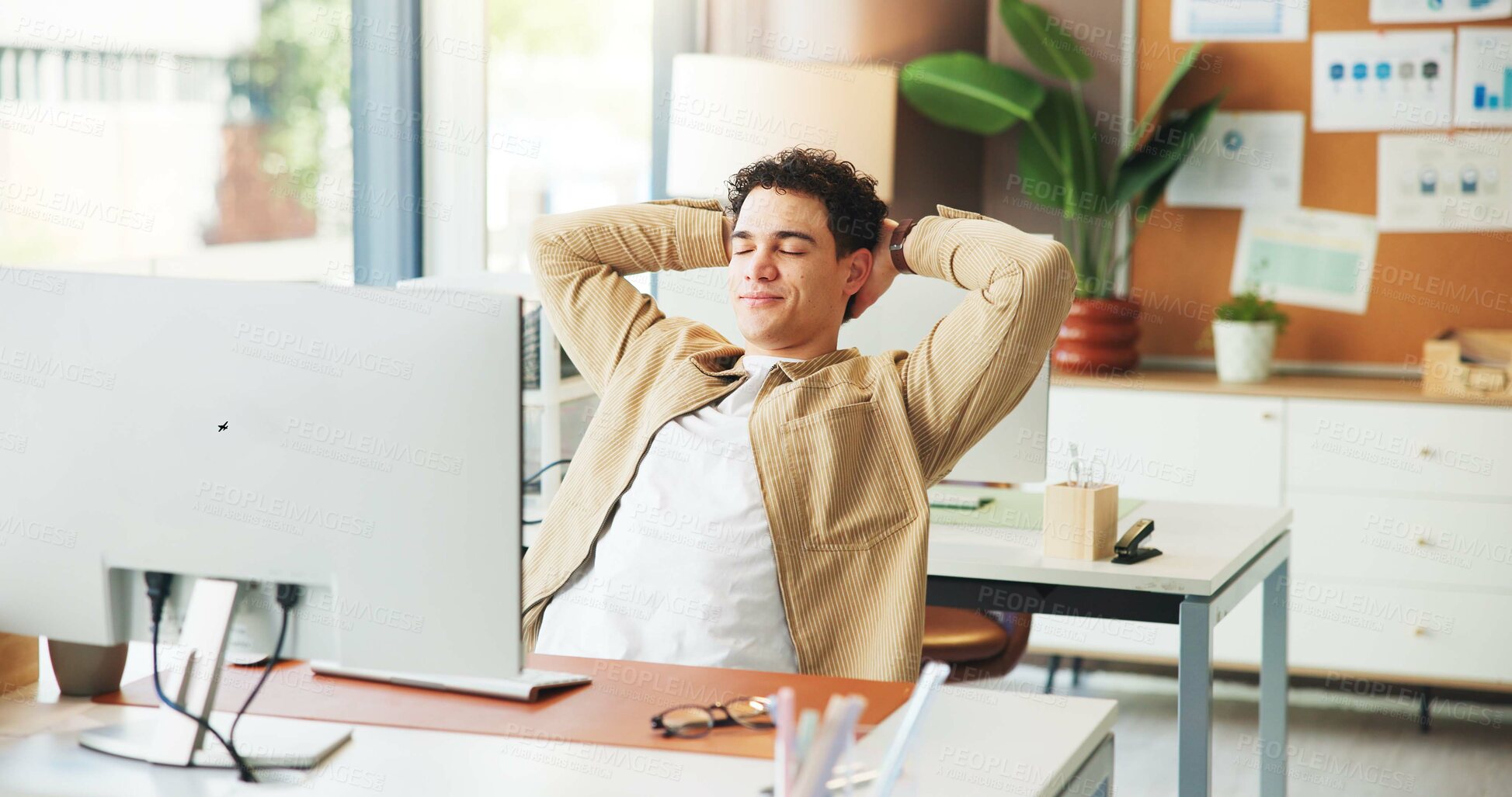 Buy stock photo Business, stretching and man in workplace, computer and relax with break, finished task and copywriting. Person, calm and journalist in office, pc and research with completed project or satisfaction