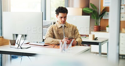 Buy stock photo Break, social media or man with phone in office, check post notification or typing message to relax. Calm, texting or financial advisor rest with tech in workplace, browsing internet or digital forum