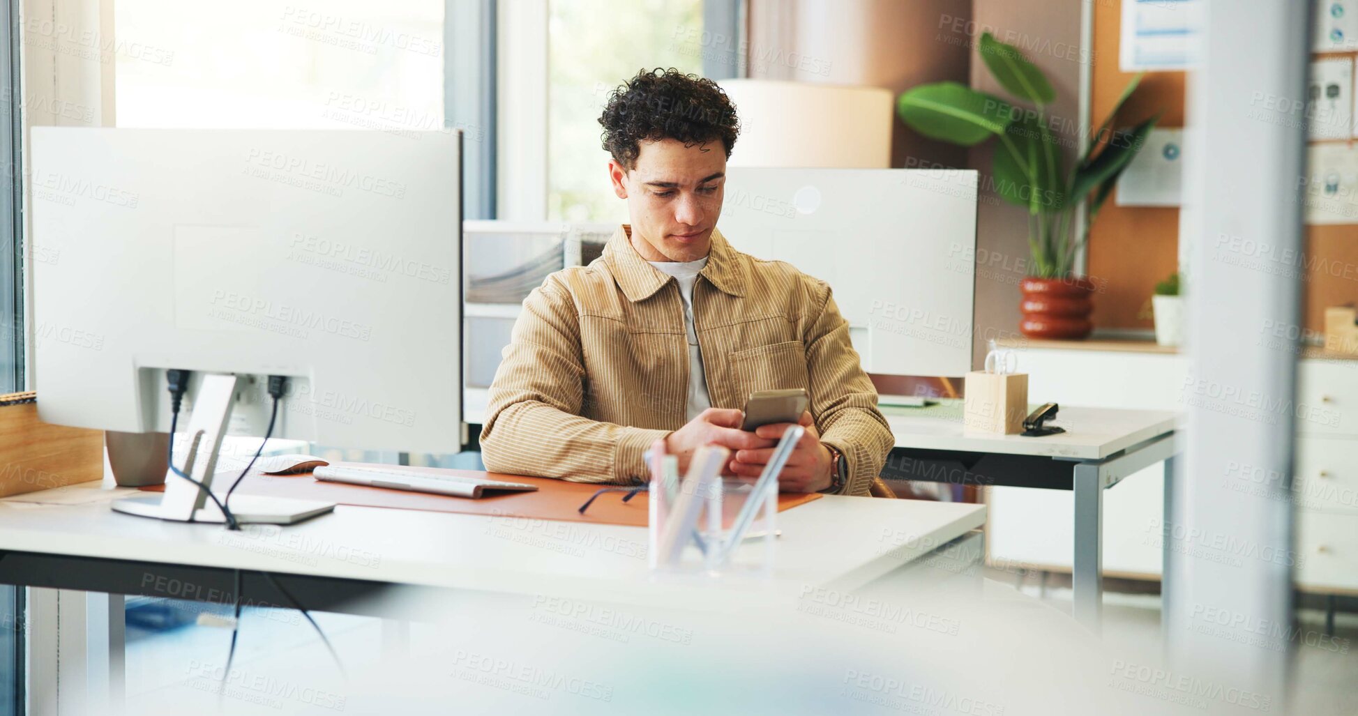 Buy stock photo Break, social media or man with phone in office, check post notification or typing message to relax. Calm, texting or financial advisor rest with tech in workplace, browsing internet or digital forum