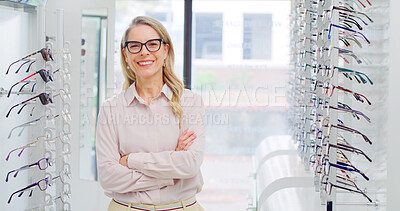 Buy stock photo Arms crossed, portrait and optometry with woman in glasses store for consulting or service. Prescription eyewear, smile and vision with happy optometrist in retail shop for eyesight correction