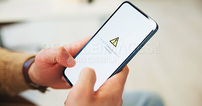 Buy stock photo Hands, no signal and phone screen with person in living room of home for connectivity issues. App, mobile and network loss with man closeup in apartment for communication or service problems