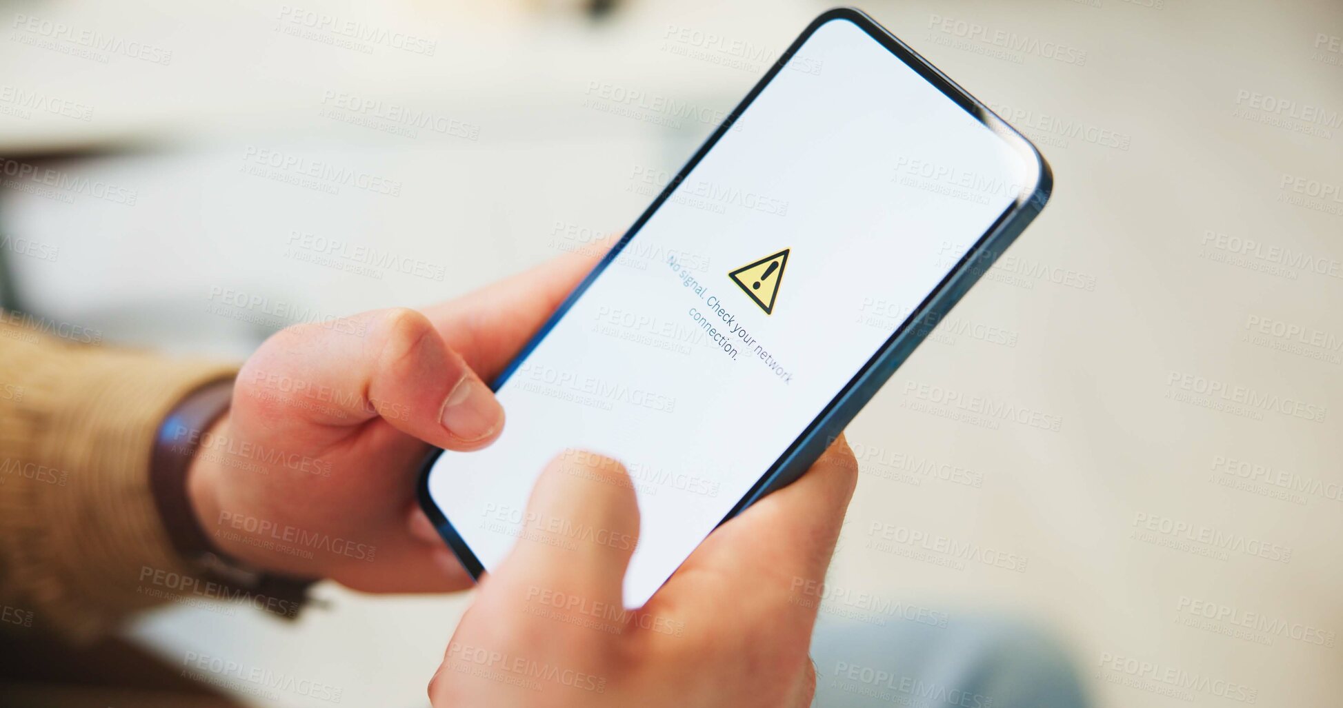 Buy stock photo Hands, no signal and phone screen with person in living room of home for connectivity issues. App, mobile and network loss with man closeup in apartment for communication or service problems