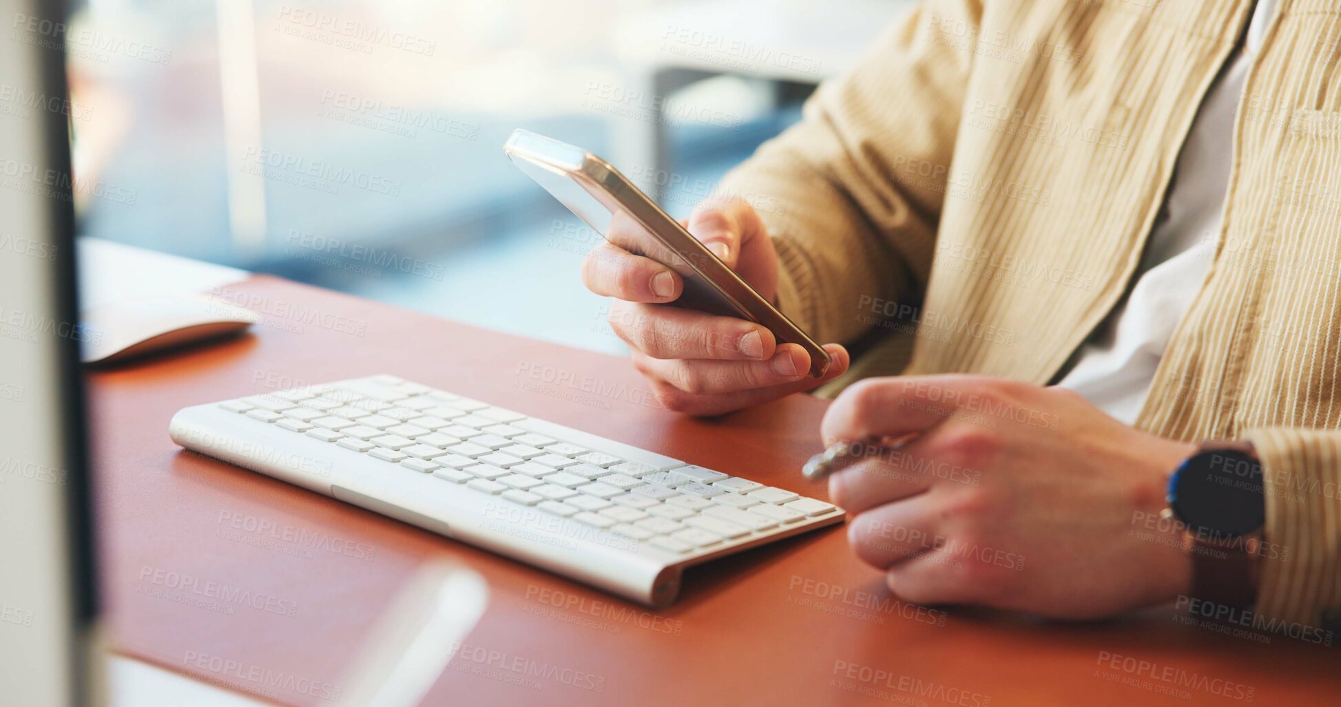 Buy stock photo Hands, typing or man in office with phone, networking or schedule change for meeting Digital, scrolling or employee in agency with keyboard, online communication or stakeholder update on email app.