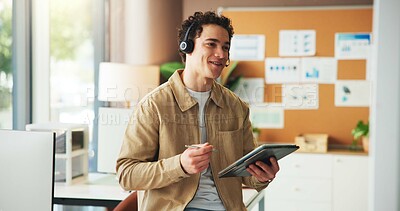 Buy stock photo Tablet, headset and businessman in office with talking for creative review with contact us. Mic, stylus and media consultant with digital technology for research with communication, crm or support.