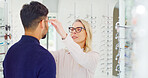 Optometry, choice or people in shop with specs, variety or assistance in eyewear option. Healthcare, frames or optometrist in store with glasses, eye wellness or optical selection in customer service