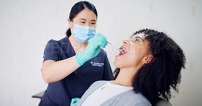 Buy stock photo Dentist, client and inspection with mouth mirror for teeth assessment, oral exam and appointment in office. Dental care, tooth specialist and women with tools for cavity check, space and consultation