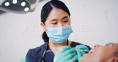 Buy stock photo Dentist, patient and cleaning teeth in office with mask for oral hygiene, healthcare and wellness. Low angle, dental hygienist and woman with tools for tooth inspection, medical procedure and help.