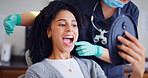 Woman, teeth and mirror for checkup with dentist, oral hygiene and mouth cleaning service. Female person, assessment and orthodontic inspection for dental care, patient and help for consultation