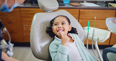 Buy stock photo Smile, child and consultation with dentist in office for dental checkup, show cavity and extraction. Happy, kid and paediatric hygienist for oral health, teeth whitening and inspection for cleaning