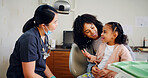 Dentist, mother and child in consultation with discussion for oral hygiene, healthcare and wellness. Dental hygienist, mom and daughter in office with talk for medical help, orthodontics and advice.
