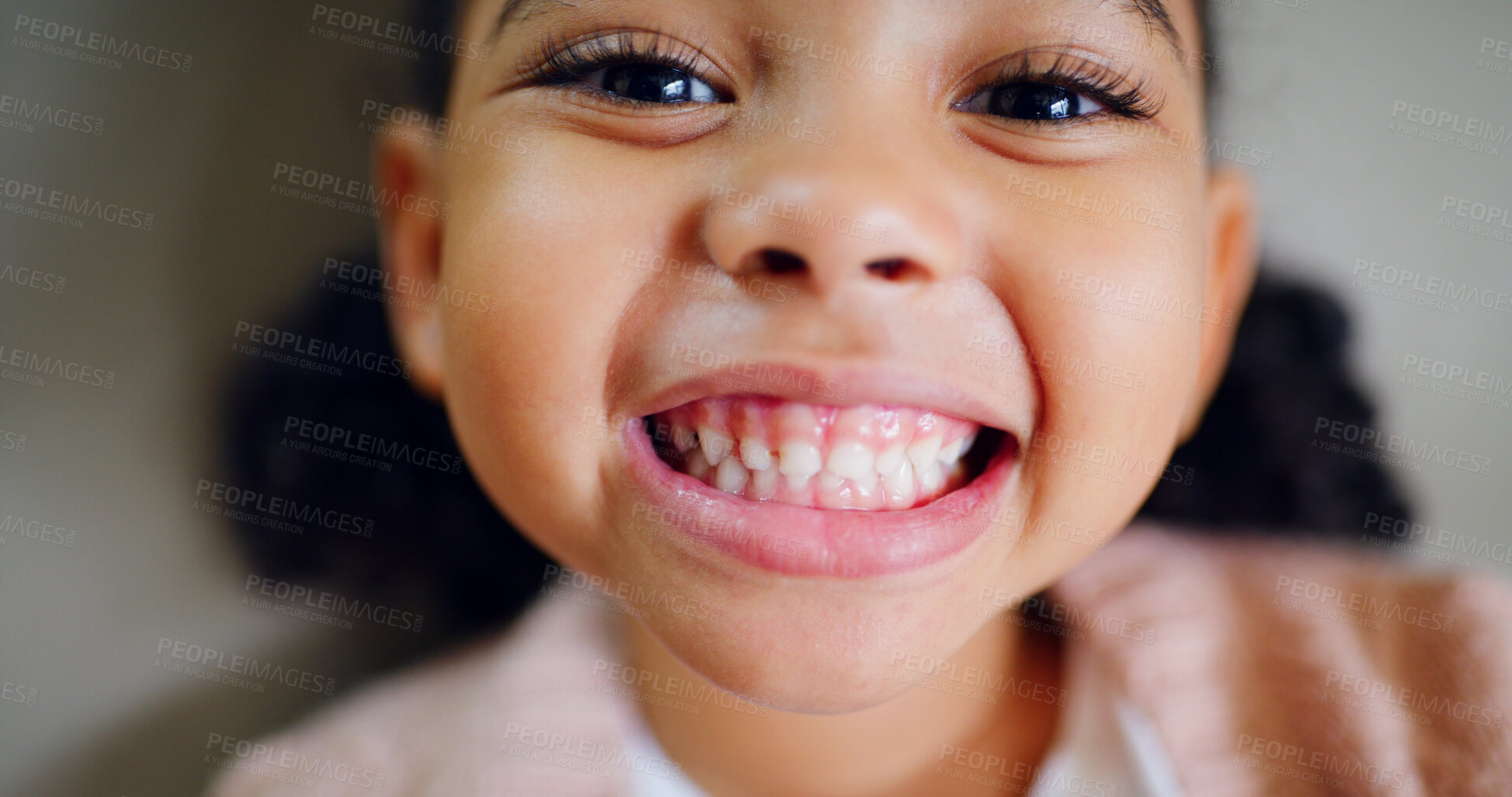Buy stock photo Oral health, showing teeth and girl with portrait, consultation and appointment with confidence. Dental hygiene, clean mouth or child with pride, wellness or checkup with success for cavity treatment