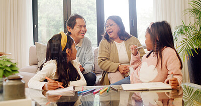Buy stock photo Family, grandparents or kids in lounge for drawing, funny conversation or weekend bonding for relationship. Connection, laugh or old people with girls in home, creative activity and art for happiness