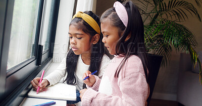 Buy stock photo Notebook, writing and children in house for homework, project or assignment together for education. Pencil, school research and girl kid students with learning, development or growth in apartment.