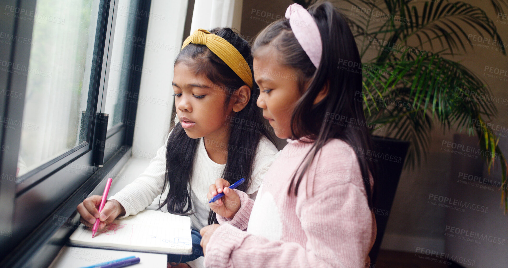 Buy stock photo Notebook, writing and children in house for homework, project or assignment together for education. Pencil, school research and girl kid students with learning, development or growth in apartment.