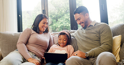 Buy stock photo Child, happy and parents with tablet on couch for online search, subscription site and film for bonding. Check video selection, streaming app and people with tech to watch movie, girl and family home