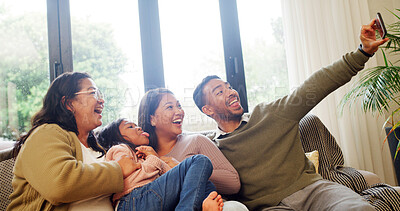 Buy stock photo Home, grandma and parents with child, selfie and bonding in living room, happy and memory on website. Laughing, grandparent and people with girl in lounge, photography and picture for social media