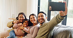 Portrait, grandma and parents with child, selfie and bonding in living room, happy and memory on web. Laughing, grandparent and people with girl in house, photography and picture for social media