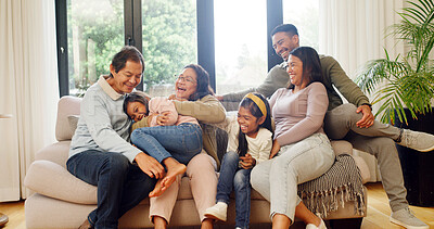 Buy stock photo Happy, tickling and big family on sofa in home for bonding, connection and love on weekend together. Laugh, care and children with grandparents and parents in living room for development in house.