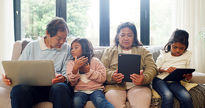 Buy stock photo Online, grandparents and children with tech, home and digital learning on website, talk and bonding. Streaming, movies and senior people with different apps, watching and family with entertainment