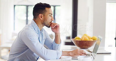 Buy stock photo Remote work from home, thinking and man with laptop, investment strategy and problem solving. Person, investor and employee with pc, internet and research for inflation or email for trading portfolio