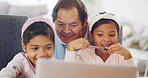 Reading, dad or children with laptop for studying, virtual class or elearning for knowledge growth. Education support, happy man or girl with computer for online homework task, development or home
