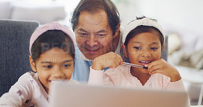 Buy stock photo Reading, grandpa or kids with laptop to study, virtual class or elearning for knowledge growth. Education support, senior man or girls with pc for online homework task, development or smile in home