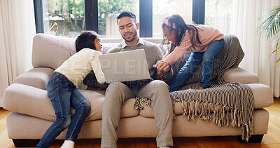 Buy stock photo Fight, dad and kids on couch with laptop, argument and parenting struggle in sibling rivalry. Conflict, chaos and family in house with tech, father challenge and frustration in childhood discipline.