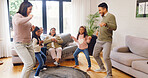 Parents, kids and big family with dance and games in living room for fun, bonding and happiness together in home. Music, movement and grandparents on sofa for support, wellness and weekend in lounge