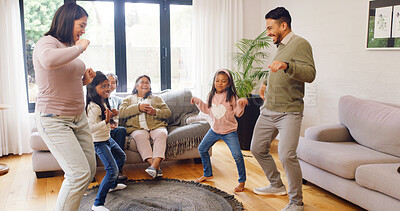 Buy stock photo Home, people and big family with dance and games in living room for fun, bonding and happiness together. Music, parents and kids with grandparents on sofa for support, wellness and weekend in lounge