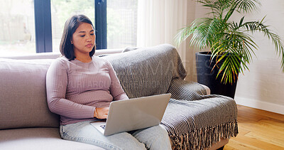 Buy stock photo Laptop, woman and thinking on sofa for remote work, research and idea for article in home. Writer, tech and brainstorming in living room for editing, planning and creative process for newsletter