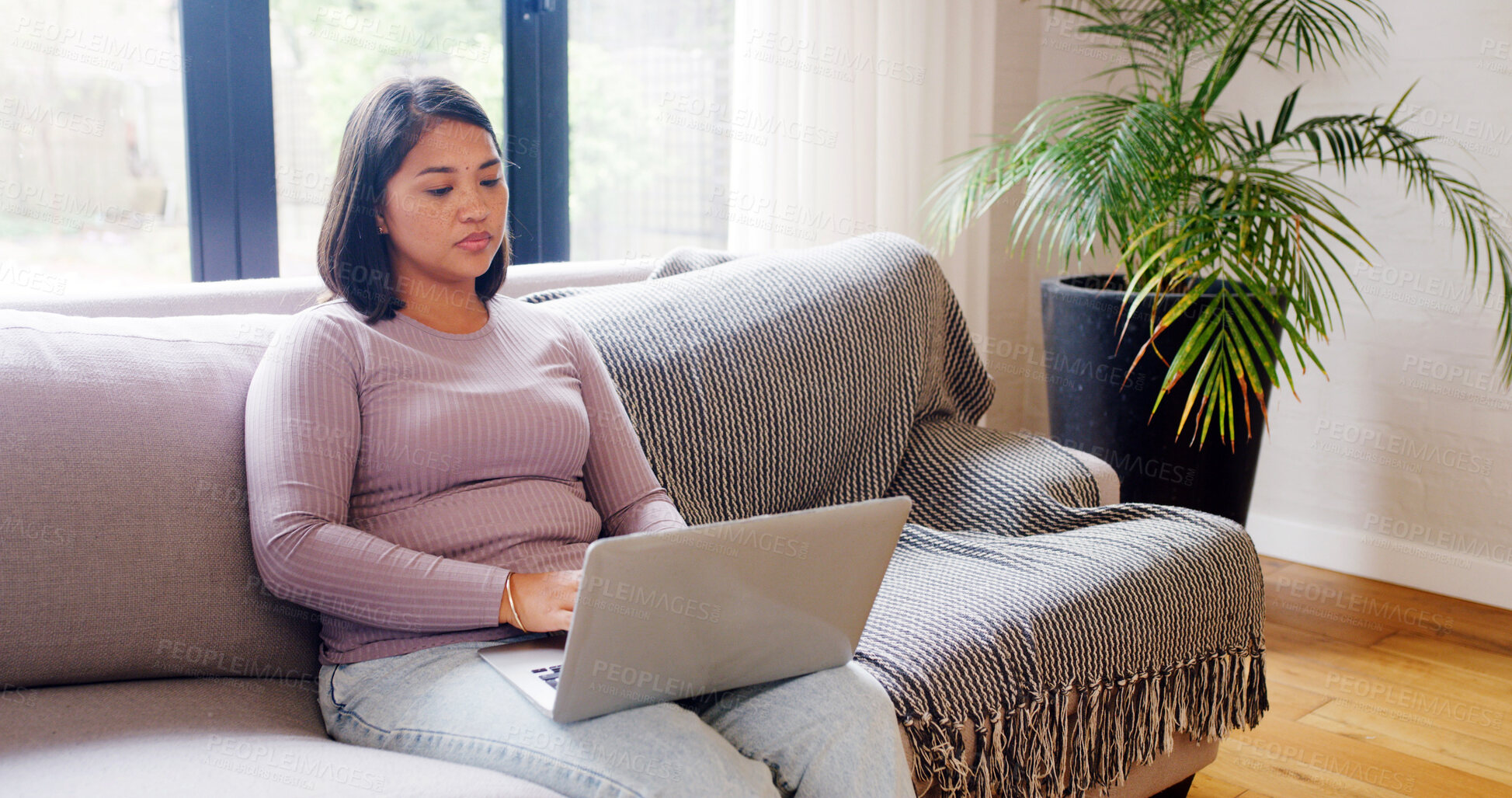 Buy stock photo Laptop, woman and thinking on sofa for remote work, research and idea for article in home. Writer, tech and brainstorming in living room for editing, planning and creative process for newsletter