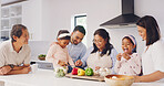 Grandparents, parents and children in kitchen for cooking, learning skills and help for lunch. Family home, senior generation and happy mom, dad and kids for bonding, love and prepare food for supper