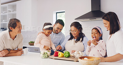 Buy stock photo Grandparents, parents and children in kitchen for cooking, learning skills and help for lunch. Family home, senior generation and happy mom, dad and kids for bonding, love and prepare food for supper
