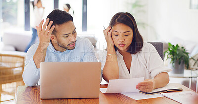 Buy stock photo Finance, stress or couple in house with paper, payment pressure or bankruptcy in money management. Worry, tax review or people in home with laptop, missing bill or loss in poor financial planning