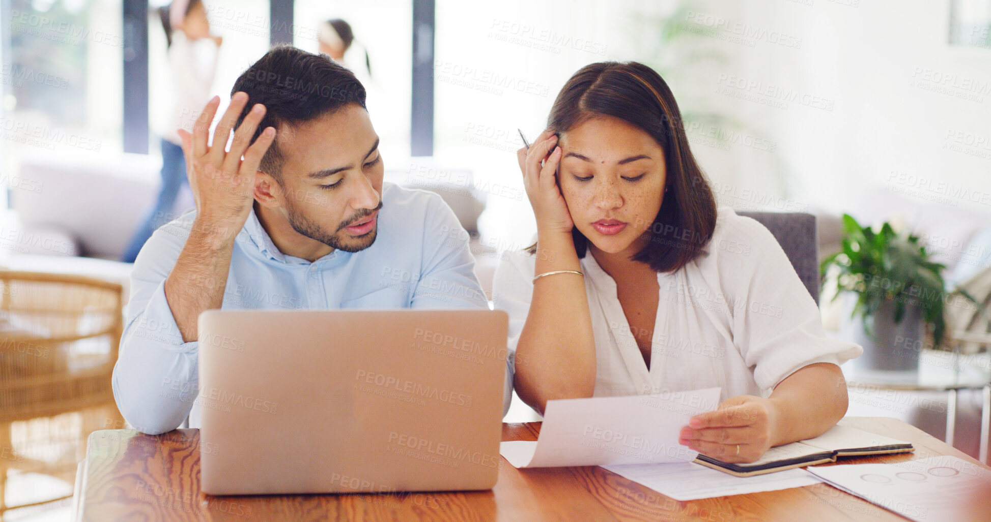 Buy stock photo Finance, stress or couple in house with paper, payment pressure or bankruptcy in money management. Worry, tax review or people in home with laptop, missing bill or loss in poor financial planning