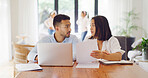 Talking, laptop and couple with documents for finance report, budget planning and mortgage payment. Marriage, paperwork and man with woman on computer for taxes, financial review and savings in home
